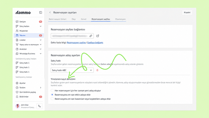 Settings page for reservations with highlighted sales line and options for management.